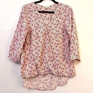 Jane and Delancey Floral High Low Hem Long Sleeve V-Neck Wrap Top Pink Large